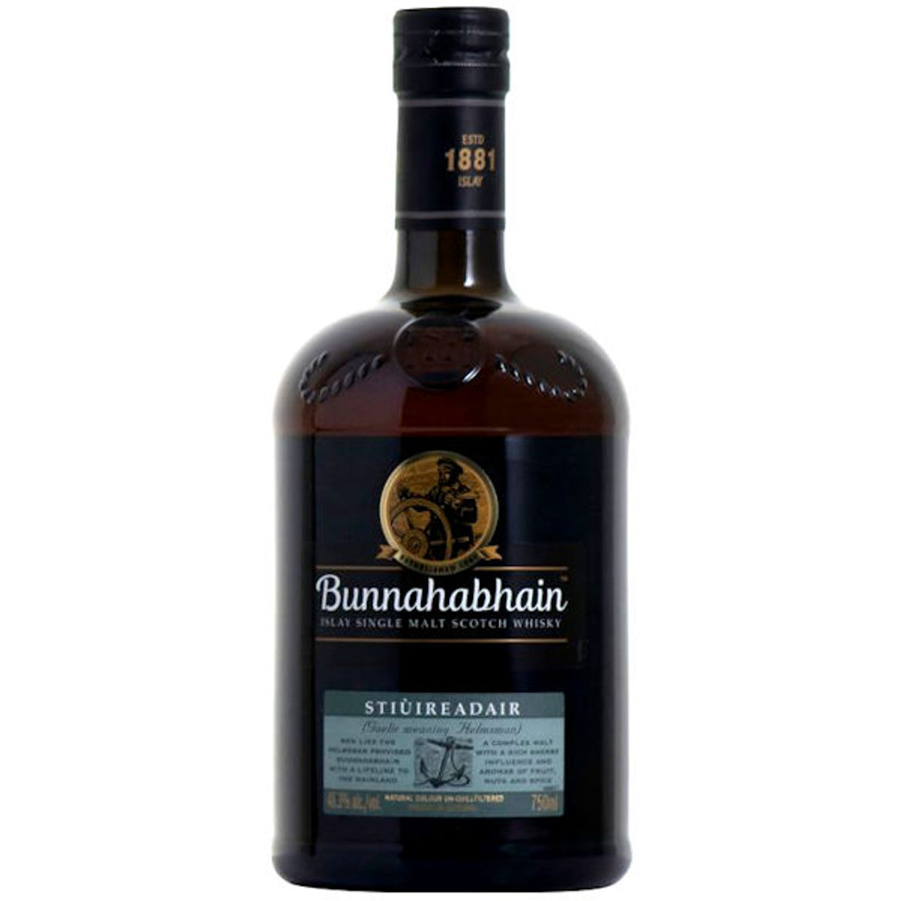 A bottle of Bunnahabhain Stiüair Scotch Whisky with a label that includes the brand name and the phrase 'Scotch Whisky'.