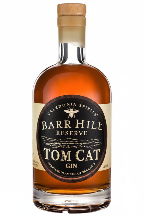 Bottle of Bar Hill Reserve Tom Cat Gin with a wooden cap on a white background