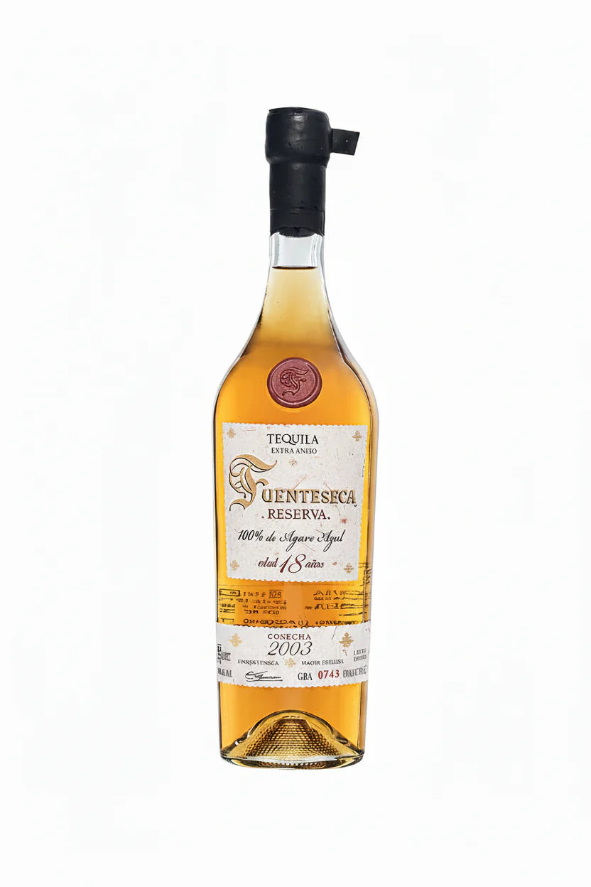 Fuenteseca Reserva Extra Añejo 18 Year Tequila bottle with a label on a white background