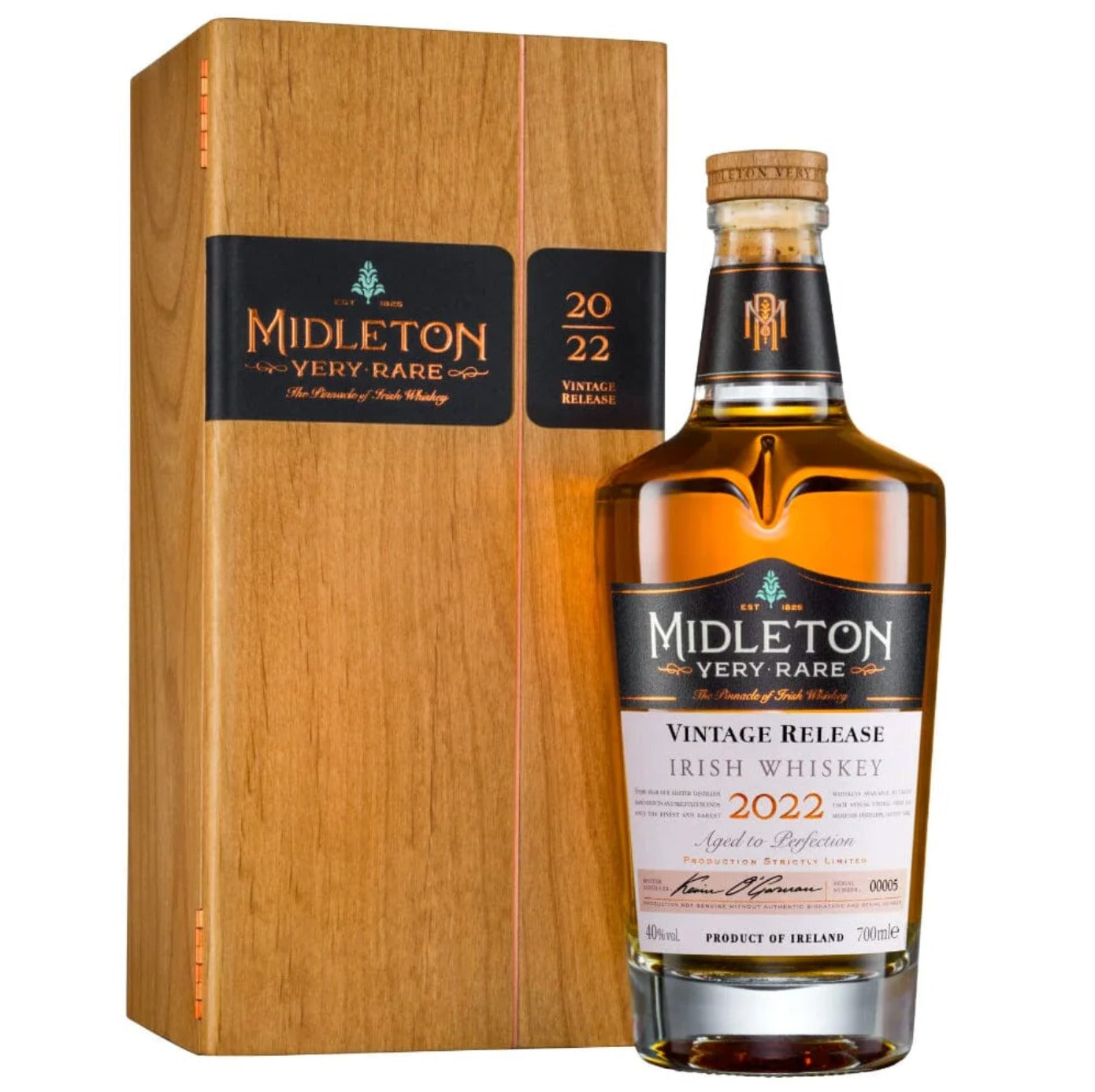 Midleton Very Rare 2022 Vintage Release Irish Whiskey 750ml bottle with hand-signed label, presented alongside its luxury wooden gift box
