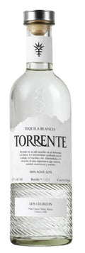 A bottle of Torrente Tequila Blanco with a silver cap and white label, shown against a plain white background.