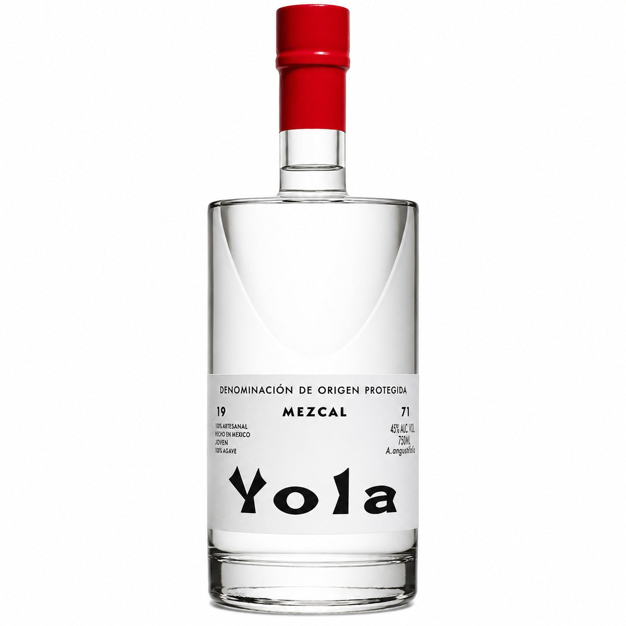 A clear glass bottle of Yola Mezcal with a white label and a bright red cap, set against a plain white background.