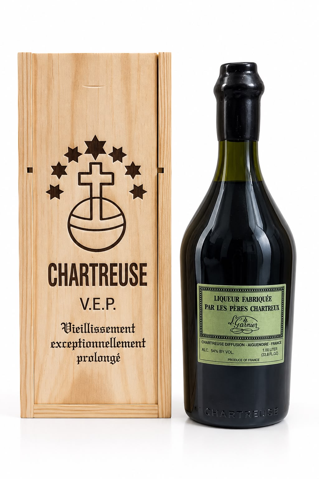 Bottle of Chartreuse V.E.P. Green Liqueur 1L in handcrafted wooden gift box, hand-numbered and wax-sealed, made by Carthusian Monks in Isère, France