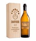 Bottle of Chartreuse V.E.P. Yellow Liqueur 1L in handcrafted wooden gift box, made by Carthusian Monks