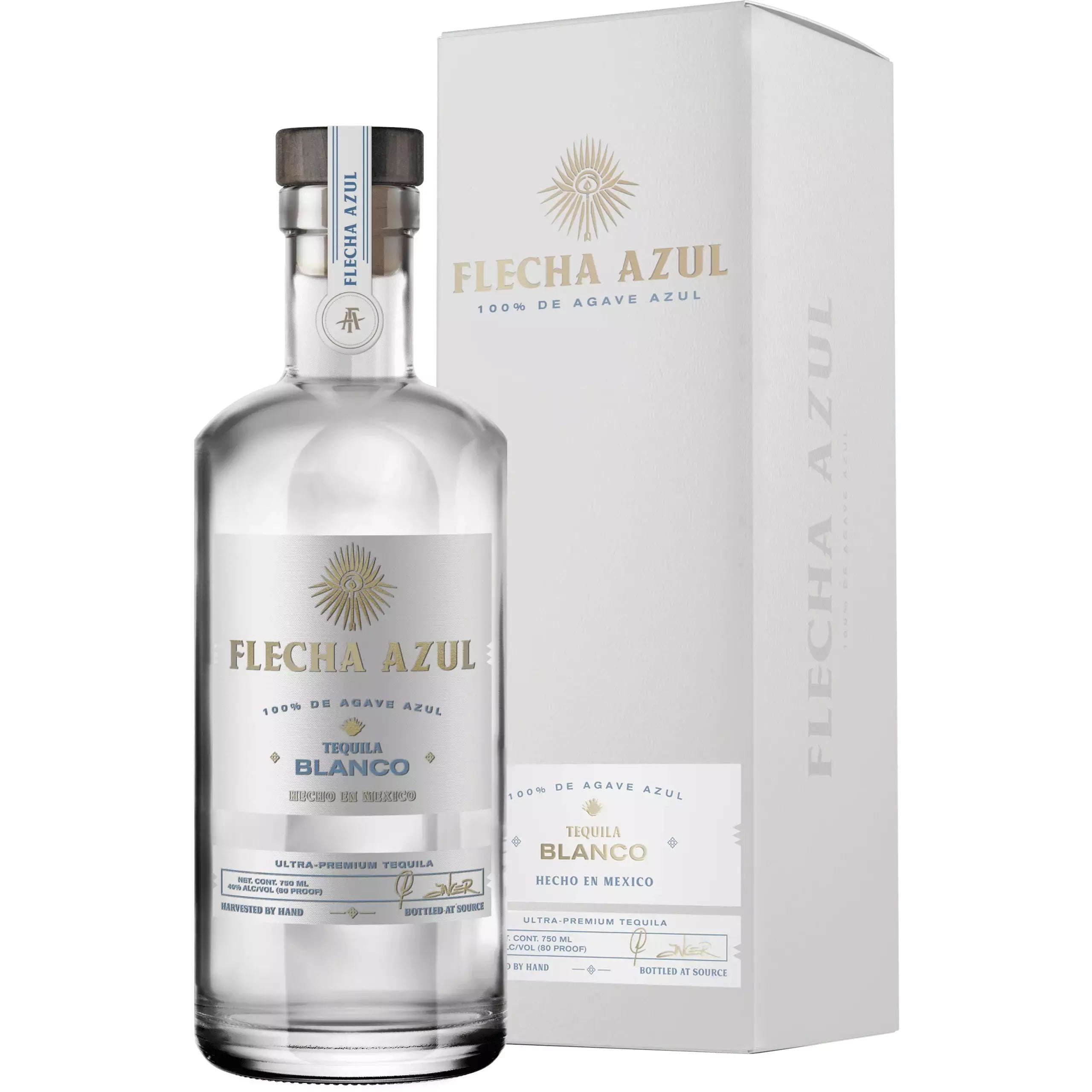 Flecha Azul Blanco Tequila Box and Bottle.