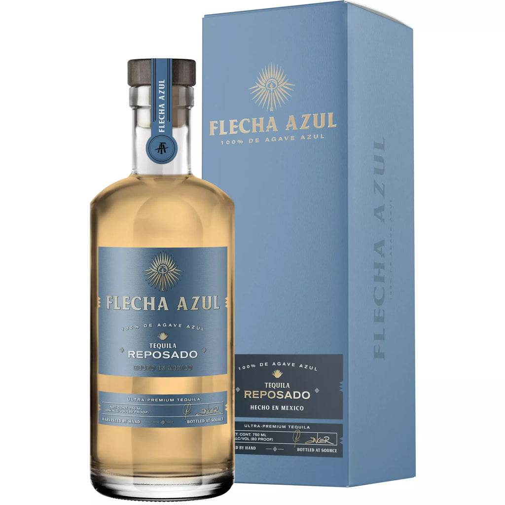 Flecha Azul Reposado Tequila Bottle and Box.