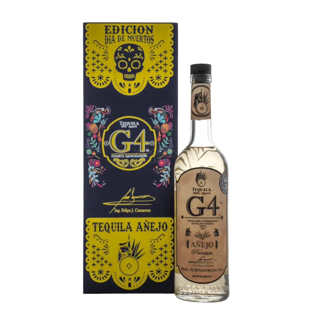 G4 Yellow Edition Añejo Tequila bottle with decorative box featuring G4 branding on a white background