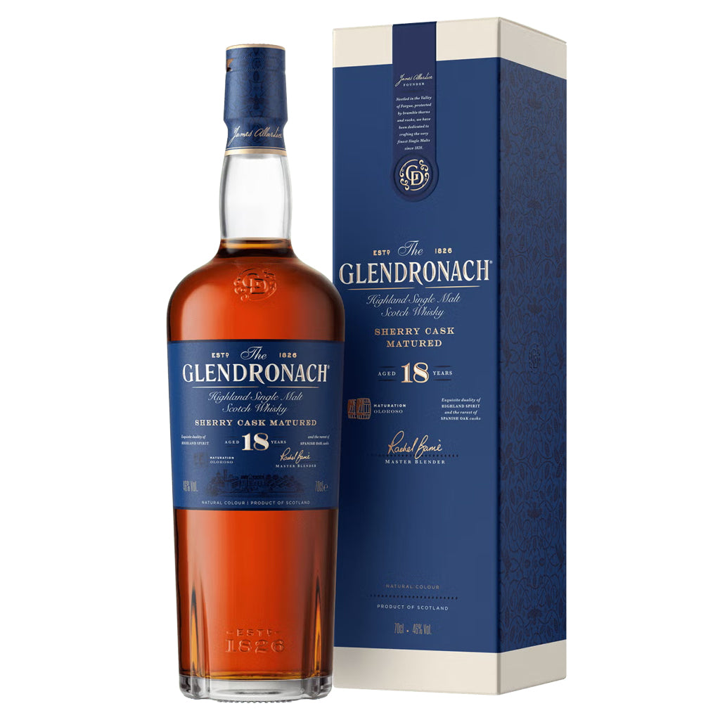 GlenDronach 18 Year Old Sherry Cask Matured Scotch Whisky bottle and box