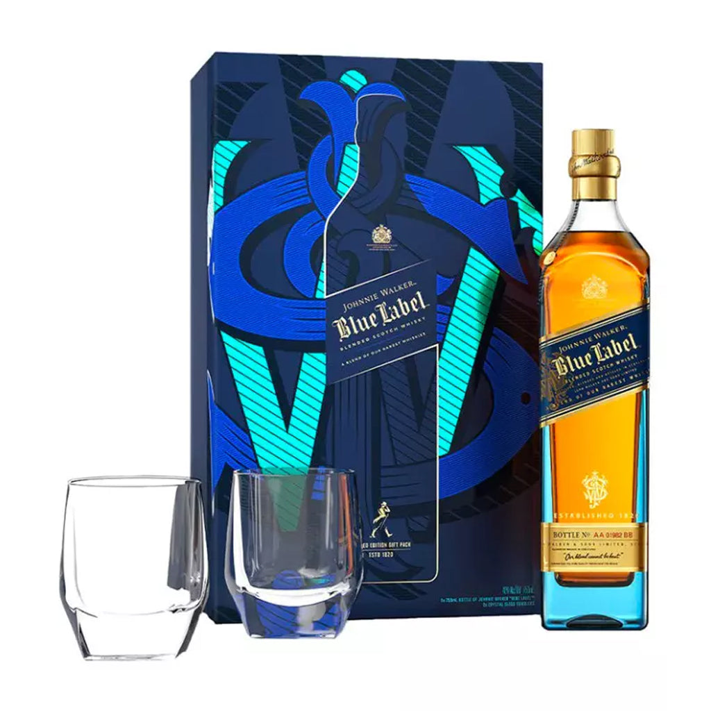 Johnnie Walker Blue Label Gift Set with 2 Crystal Glasses 750ml Bottle and Packaging