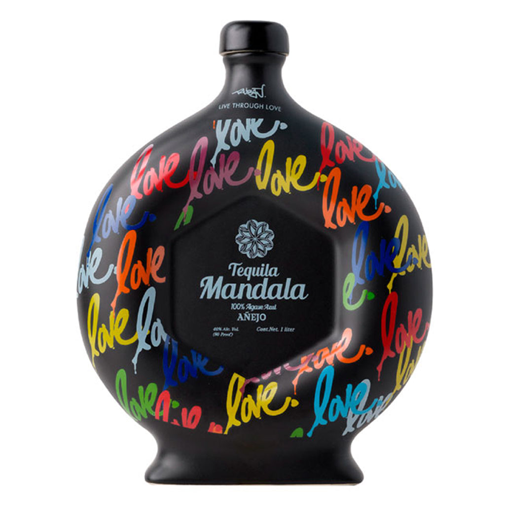 Tequila Mandala bottle with colorful 'love' text on a white background
