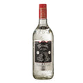 Tequila bottle with red cap and black label on a white background