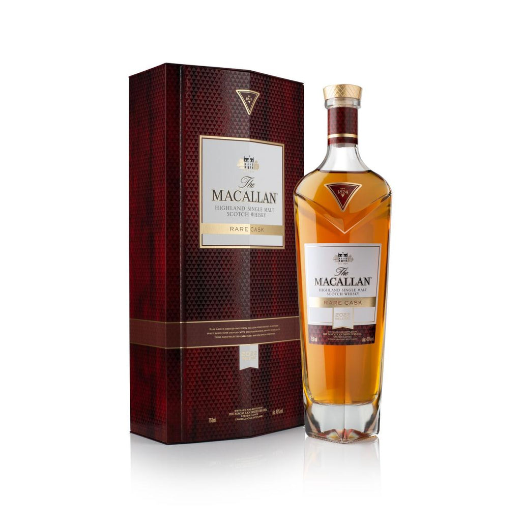 The Macallan Rare Cask Single Malt Scotch Whisky (2022 Release) side box and bottle.