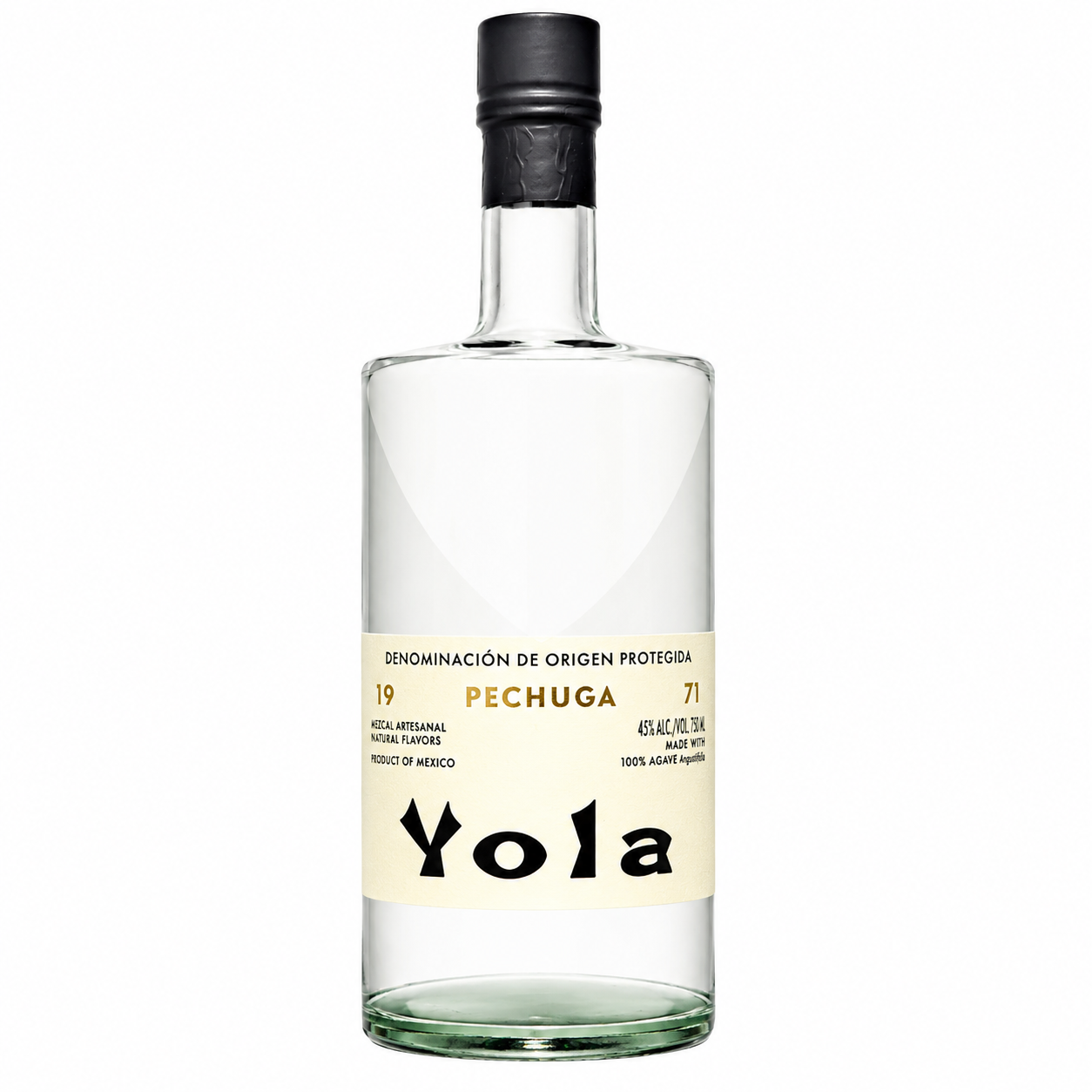 A bottle of Yola Pechuga agave spirit, featuring a clear glass bottle with a cream-colored label and a black cap, set against a plain white background.